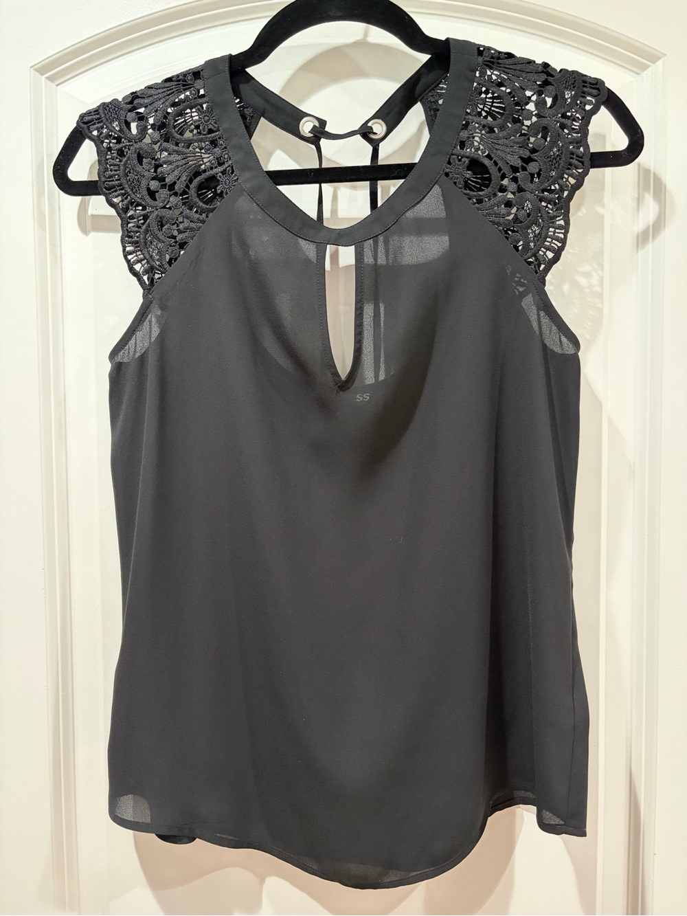 Express Black Crochet Cap-Sleeve Keyhole Blouse